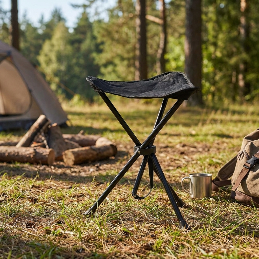 Folding chair set up outdoors at a campsite