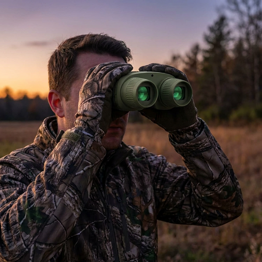 Night vision binoculars in use outdoors at dusk
