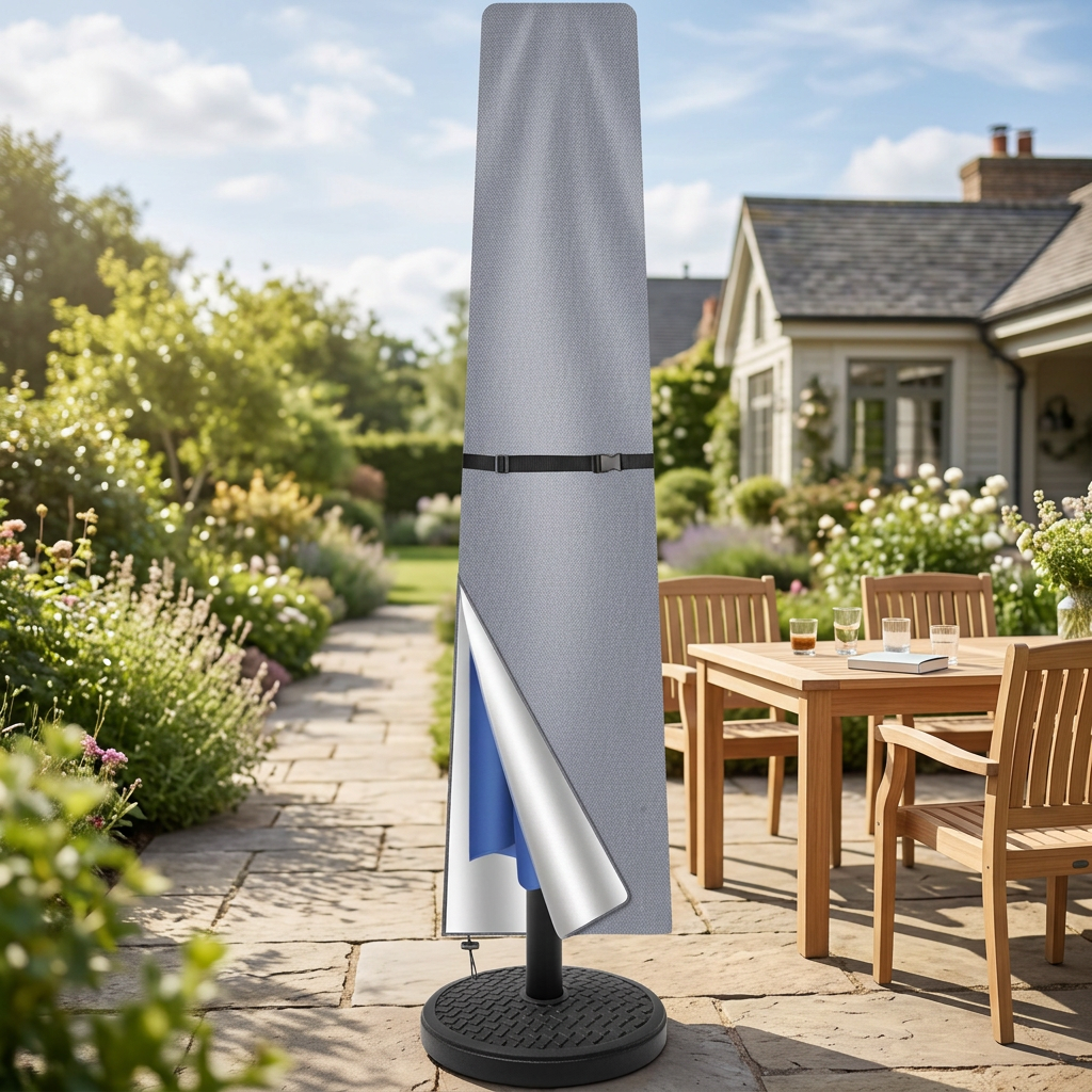 Parasol cover fitted over a patio umbrella