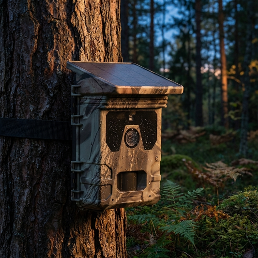 Solar trail camera mounted in a forest at dusk