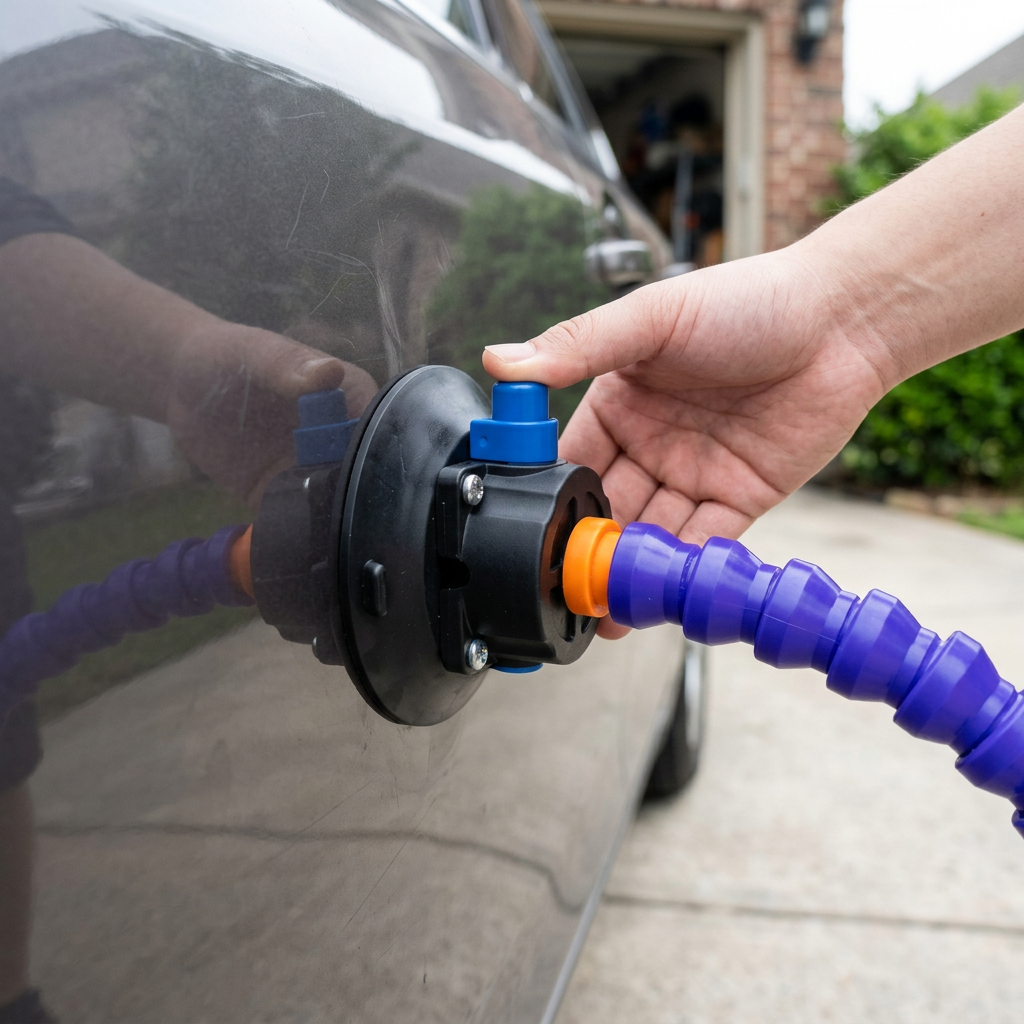 Car dent repair tool in use on a car body panel
