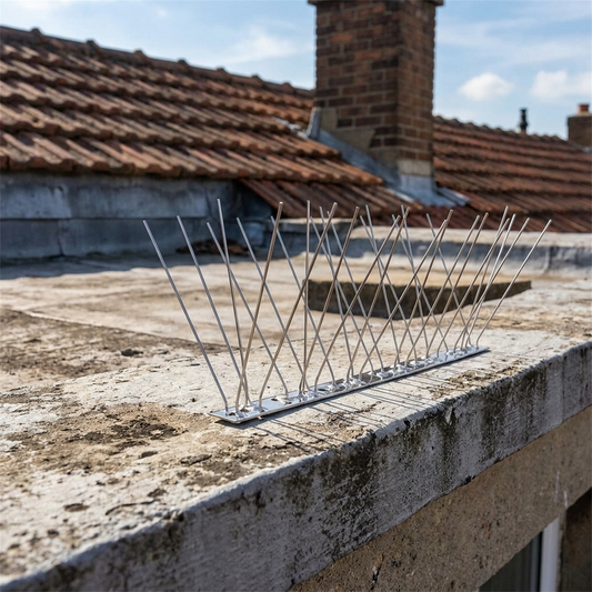 Bird repeller spikes installed on a rooftop ledge