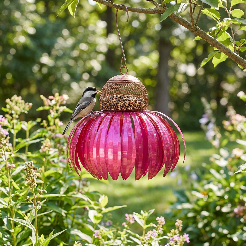 Flower bird feeder hanging in a garden with a bird feeding