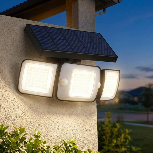 Solar flood light mounted on an exterior house wall at dusk