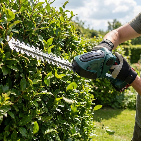 Cordless hedge trimmer in use on a garden hedge