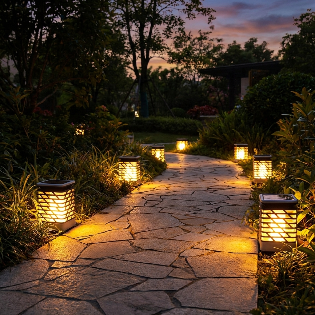 Solar garden lantern glowing along a garden path at dusk