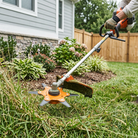 Trimmer head attached to a string trimmer cutting grass
