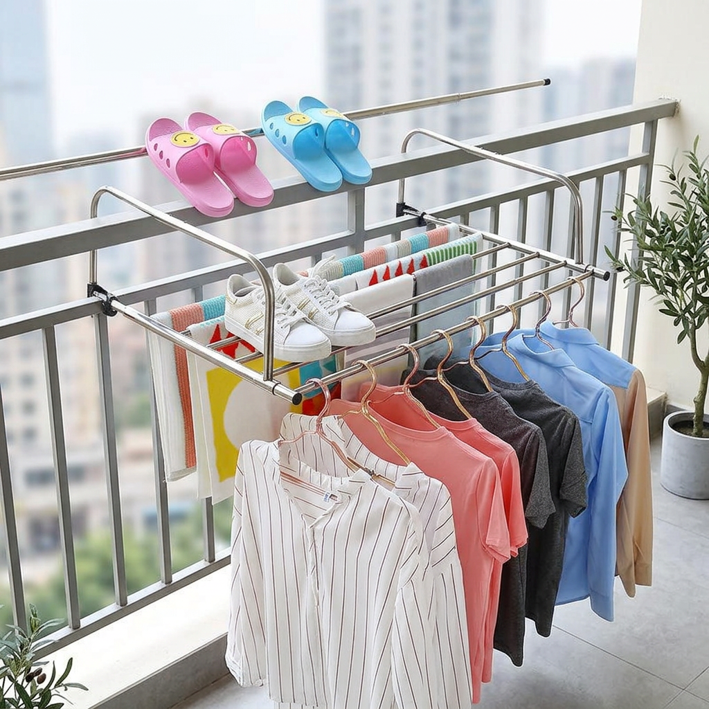 Balcony clothes dryer set up with clothes drying