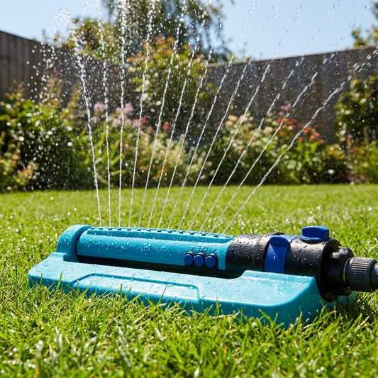 Oscillating garden sprinkler watering a green lawn