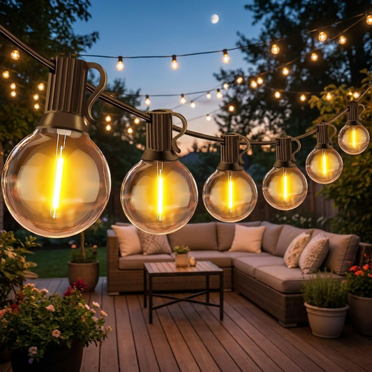 LED string lights glowing on a backyard patio at dusk