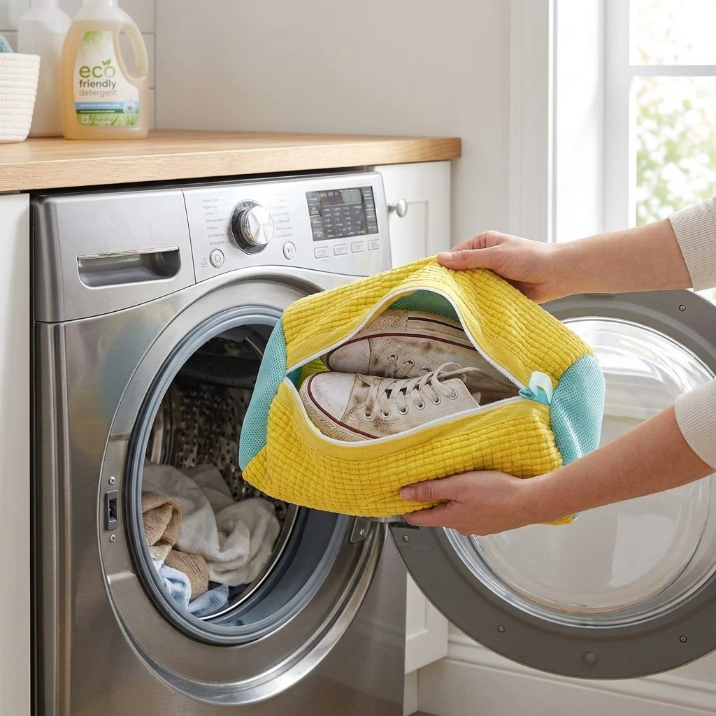 Shoe cleaning bag loaded into a washing machine