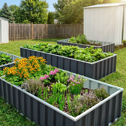 Raised garden bed filled with plants in a backyard