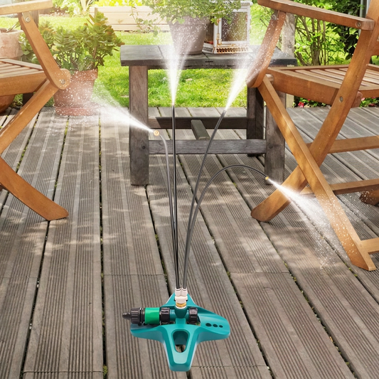 Patio misting system operating on a sunny backyard patio