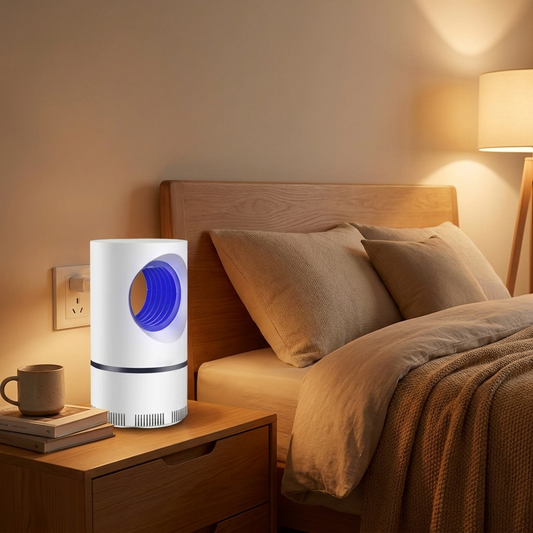 LED mosquito repellent lamp glowing on a bedroom nightstand