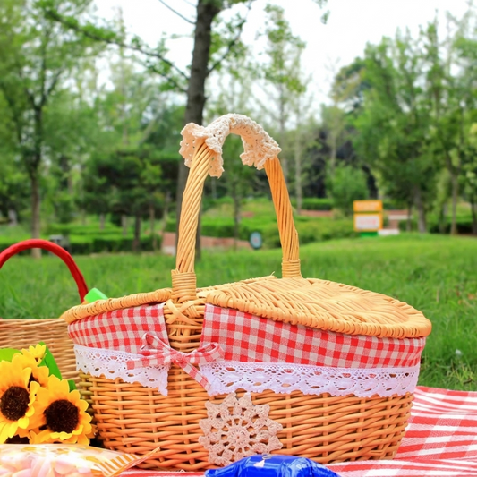 Wicker picnic basket set up on a blanket at an outdoor picnic