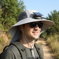Solar fan hat worn outdoors on a sunny day