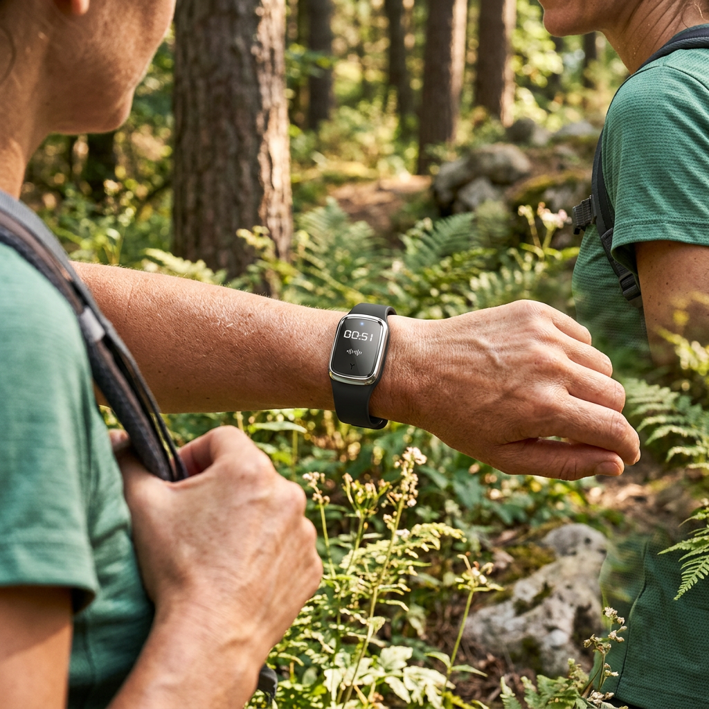 Anti-mosquito wristband worn outdoors while hiking