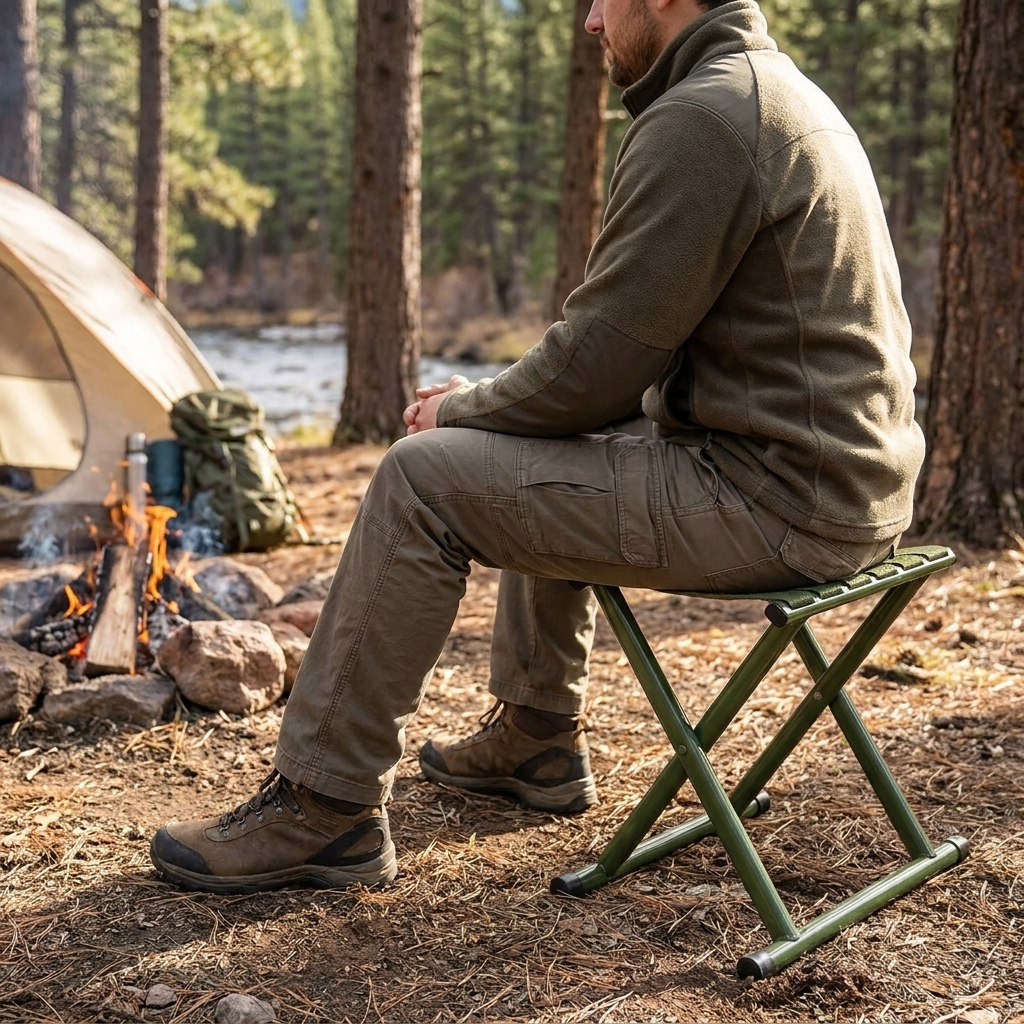 Camping folding stool set up at a campsite