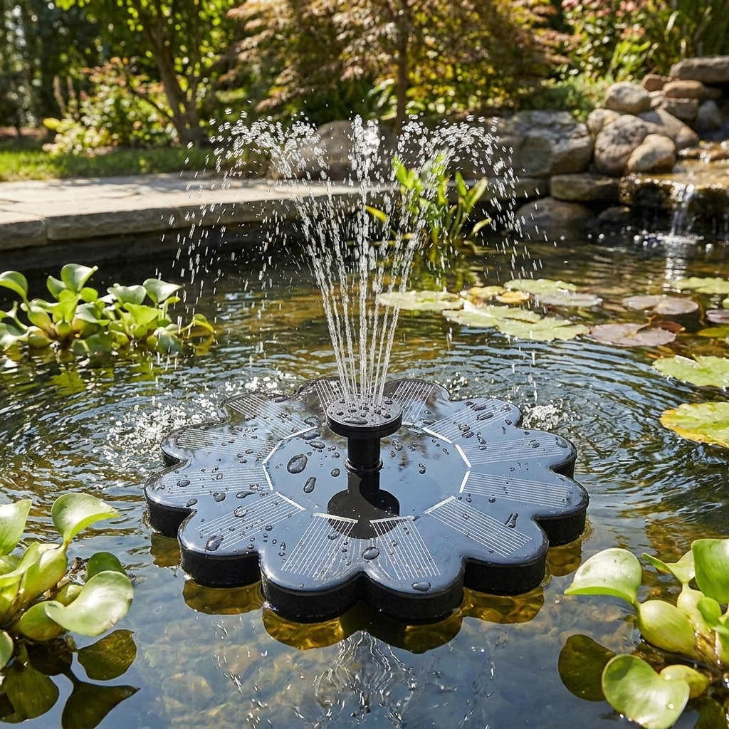 Flower-shaped fountain spraying water in a garden pond