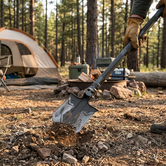 Survival shovel used to dig outdoors at a campsite