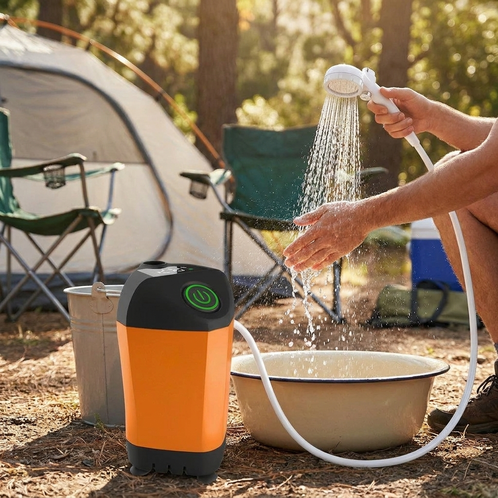 Portable camping shower used at an outdoor campsite