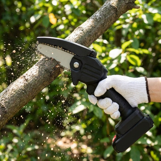 Mini chainsaw cutting a tree branch outdoors