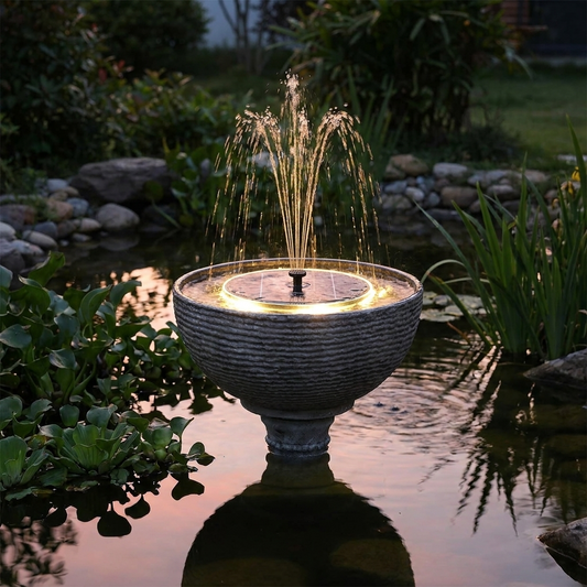 Solar LED fountain glowing in a garden pond