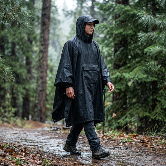 Rain poncho worn outdoors in the rain