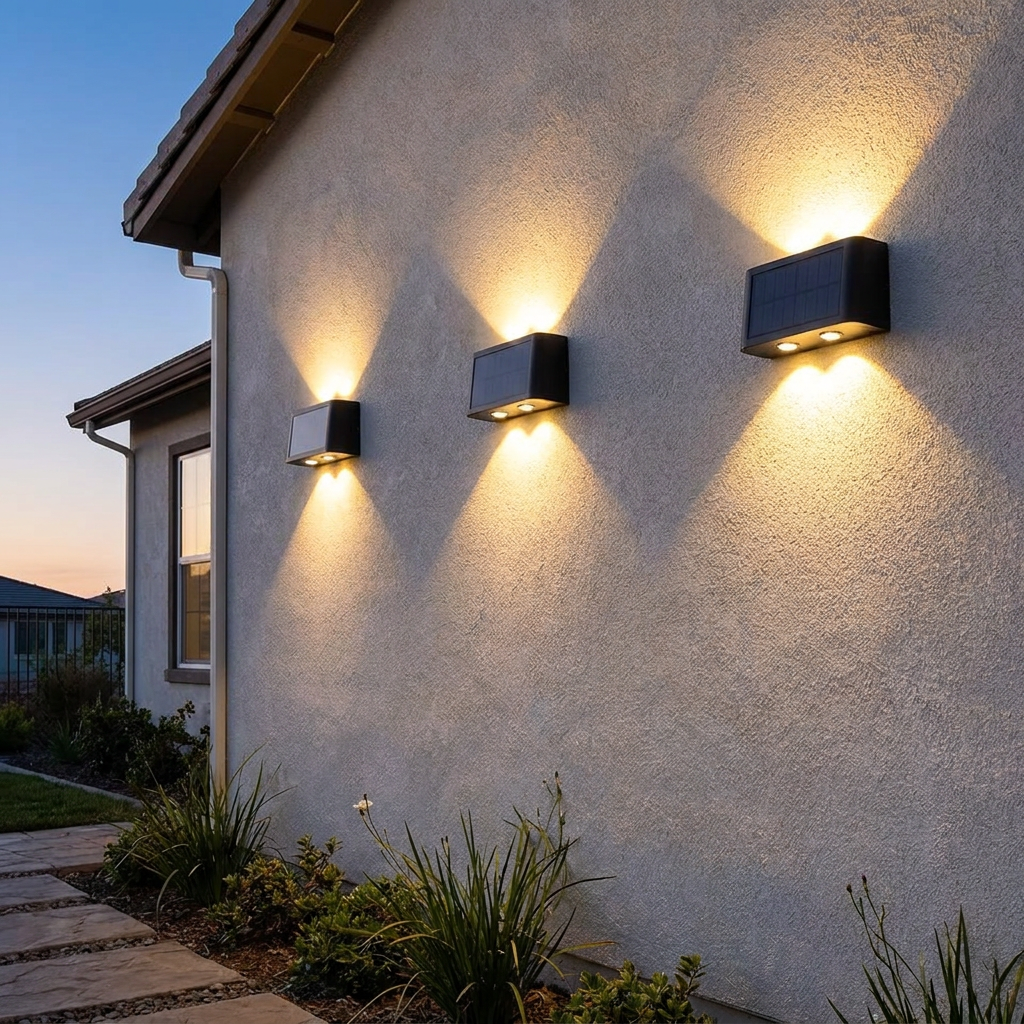 Solar wall light mounted on a house exterior at dusk