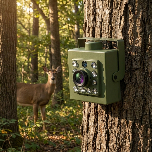 Wildlife camera mounted on a tree trunk outdoors