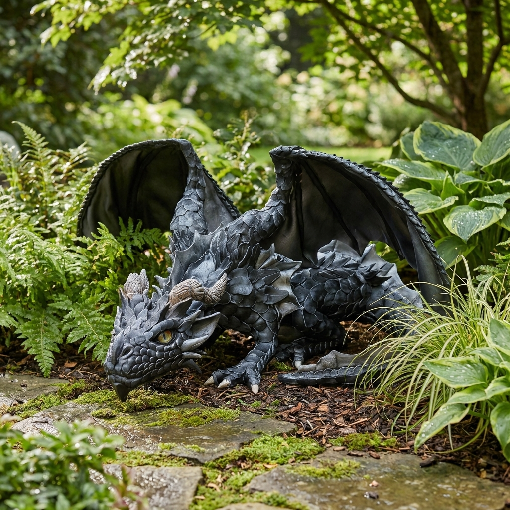 Crouching dragon guardian statue placed as garden decor