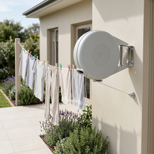 Retractable washing line mounted on a wall with clothes drying