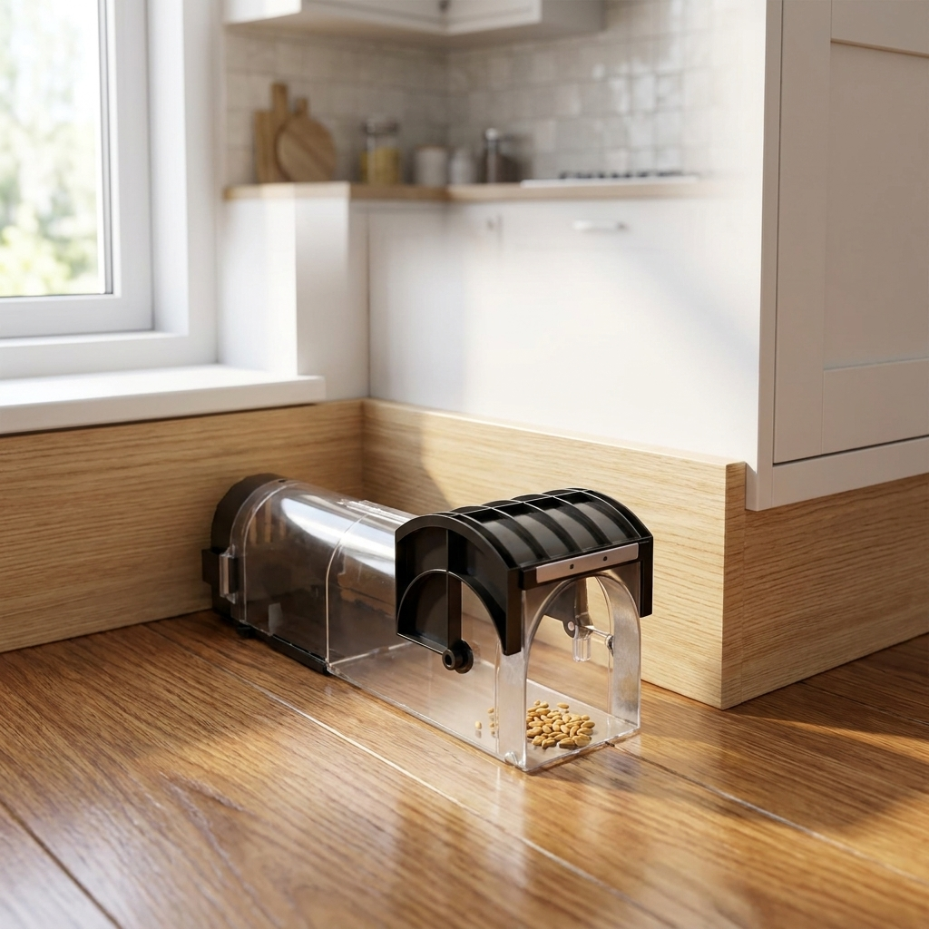 Humane mouse trap placed in a home kitchen corner