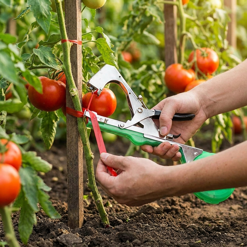 Plant strappers tying up tomato plants in a garden