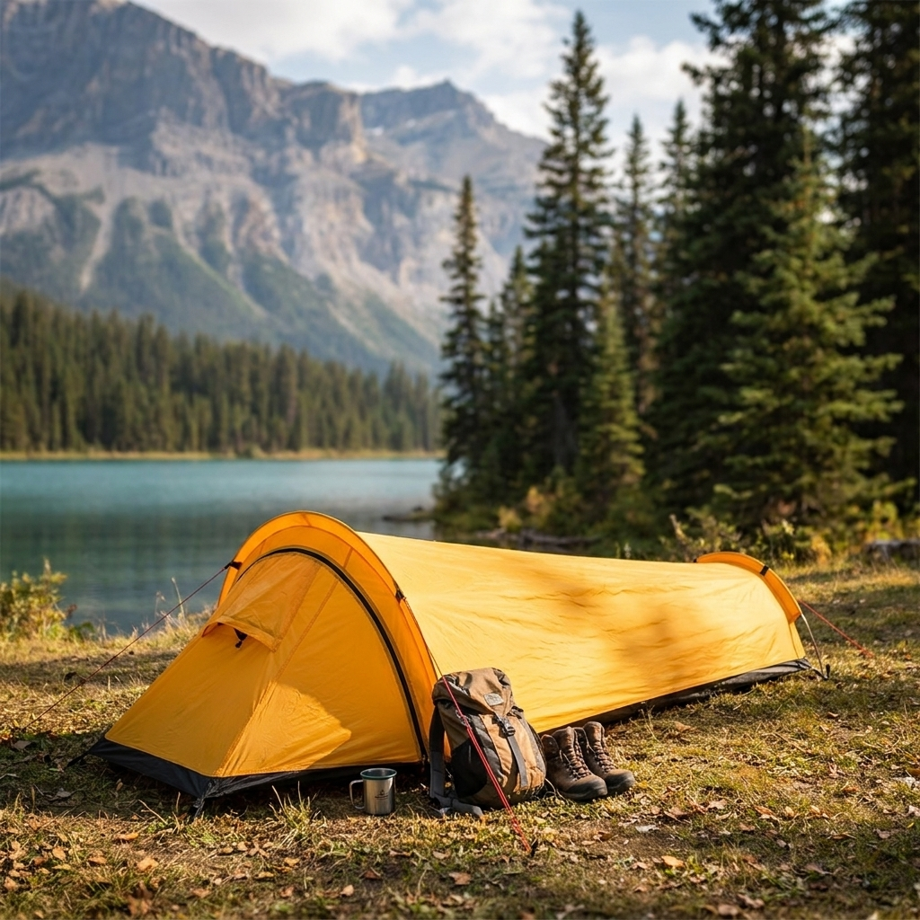 Ultralight tent pitched at a scenic campsite