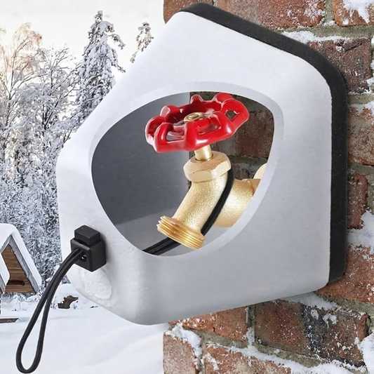 Faucet cover installed on an outdoor spigot in winter