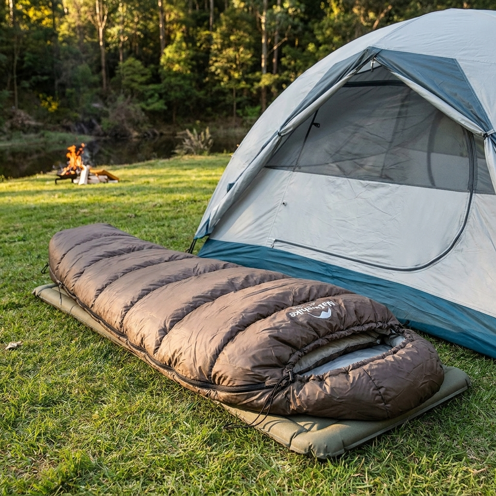Sleeping bag laid out at an outdoor campsite