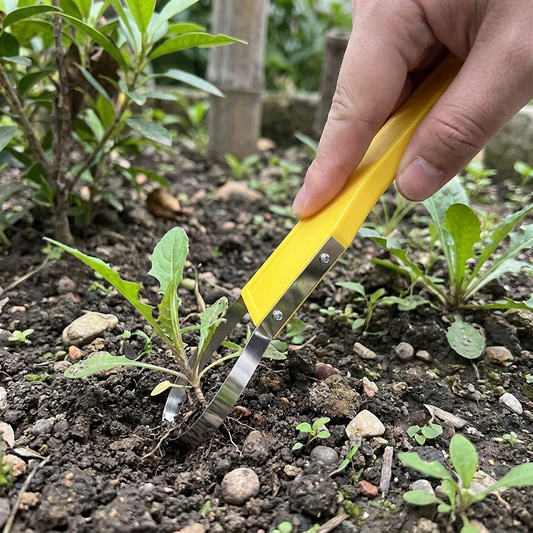 Weeder tool in use removing weeds from a garden bed