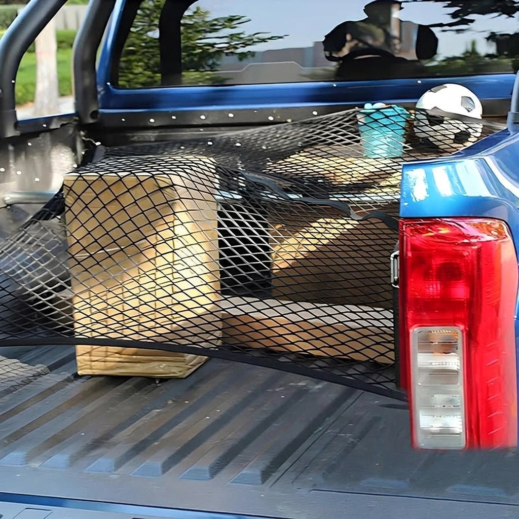 Cargo net secured over cargo in a pickup truck bed