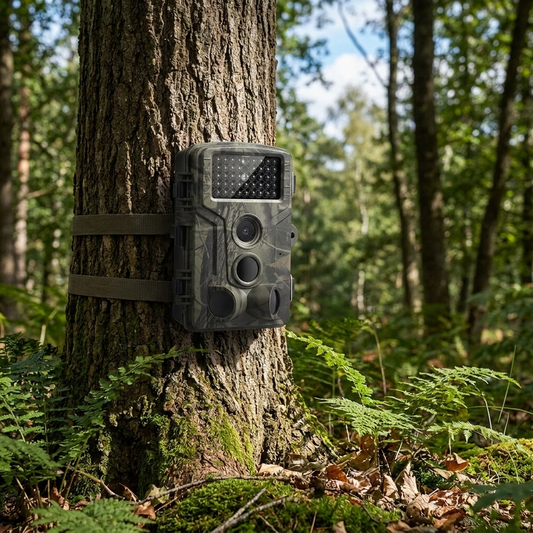 Night vision trail camera mounted on a tree trunk in a forest