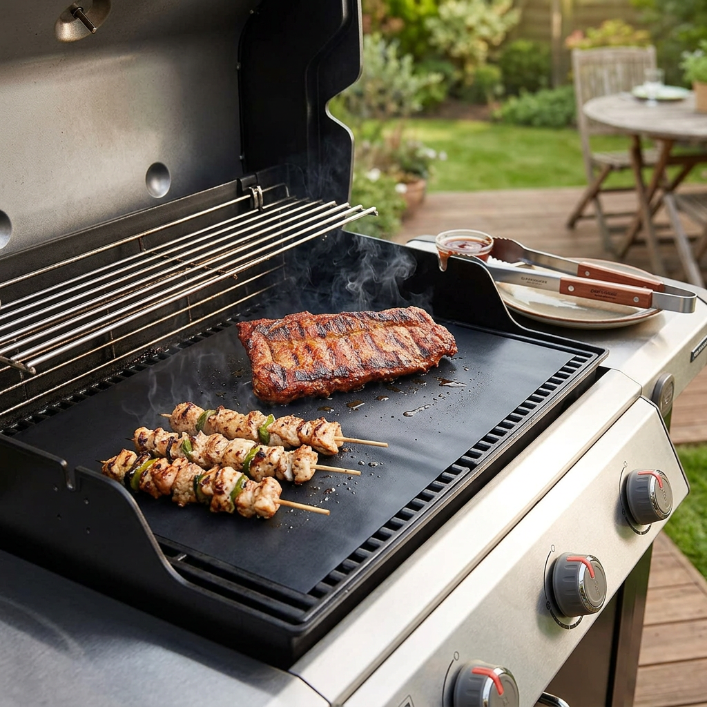 Non-stick BBQ grill mat on an outdoor grill with food cooking