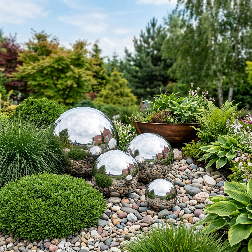 Stainless steel viewing balls placed as garden decor